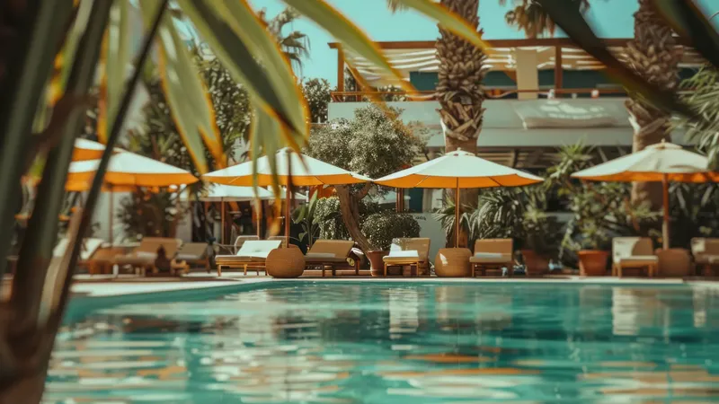 Pool einer mediterranen Villa mit Sonnenschirmen und Palmen