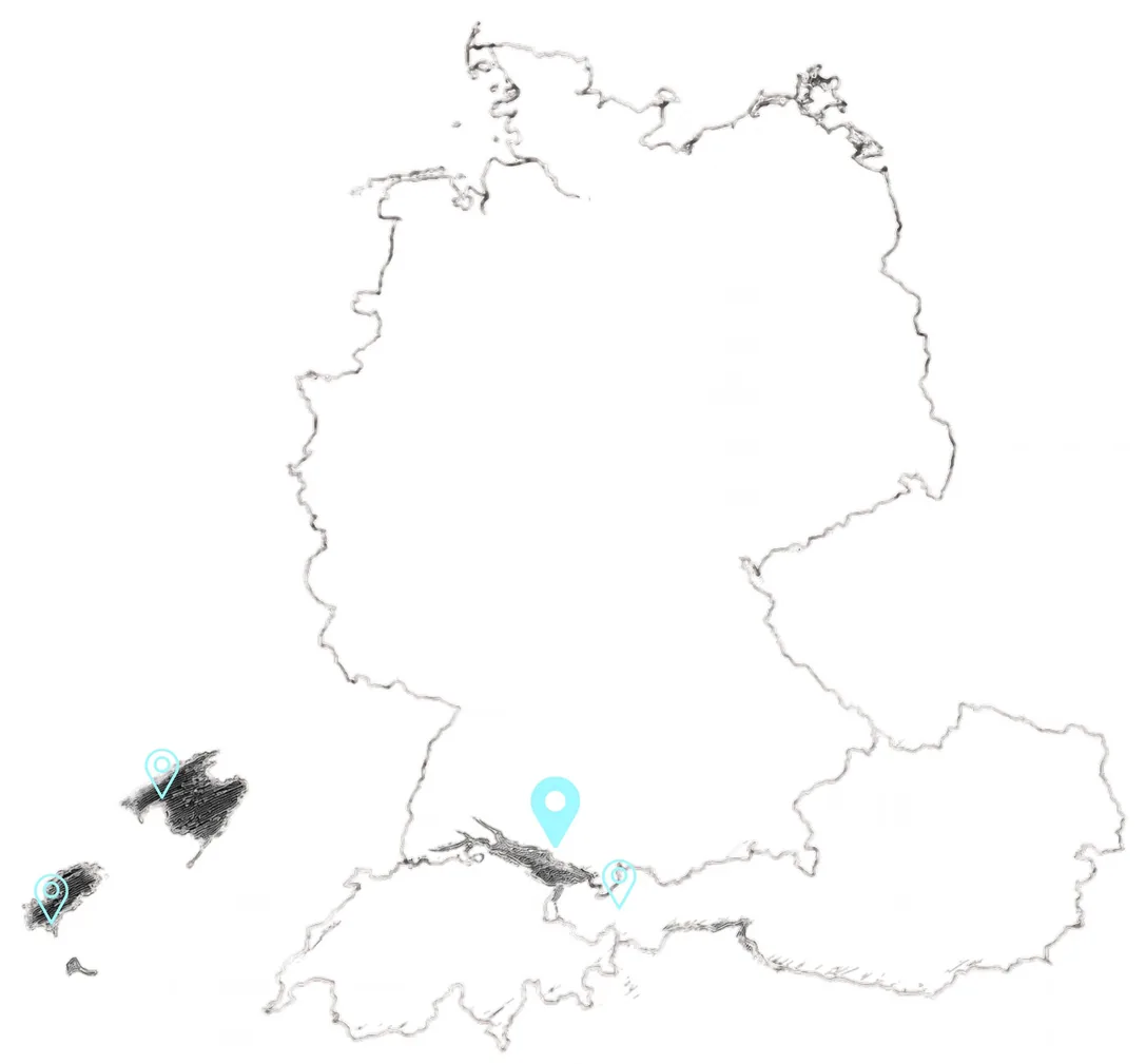 Karte der roqs&Co.-Regionen: Deutschland, Österreich, Schweiz mit Bodensee und Lech sowie Mallorca und Ibiza